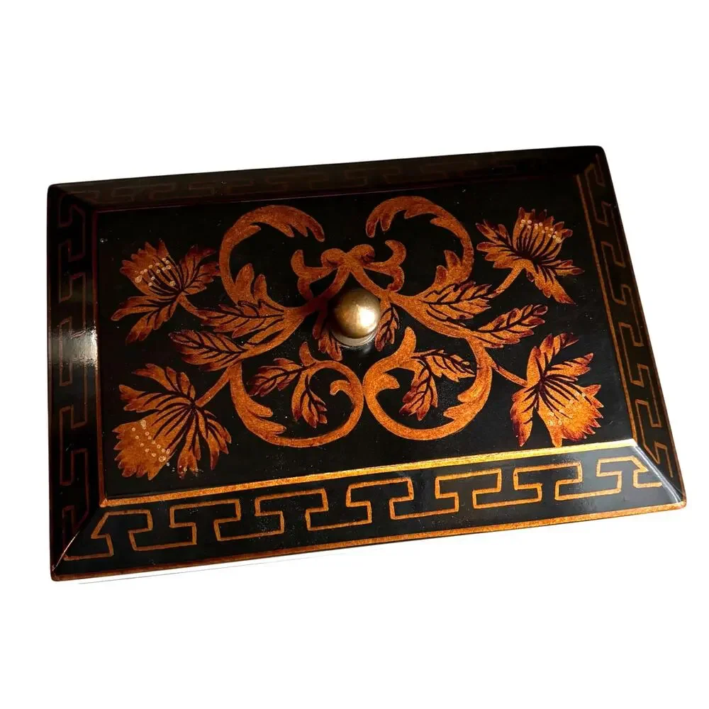 Ornate wooden jewelry box lift ff lid velvet tray black brown gold lacquer